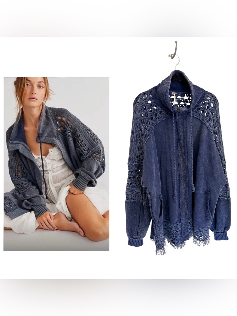 Free People Dune Bug oversized crochet knit cotton cardigan sweater blue M boho
